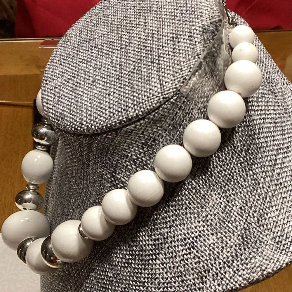White and Silvertone Beaded Necklace